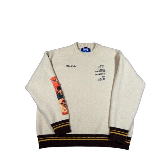 Aelfric Eden Van Gogh Cream Knit Sweater Art Brown Trim Size L - Picture 1 of 8